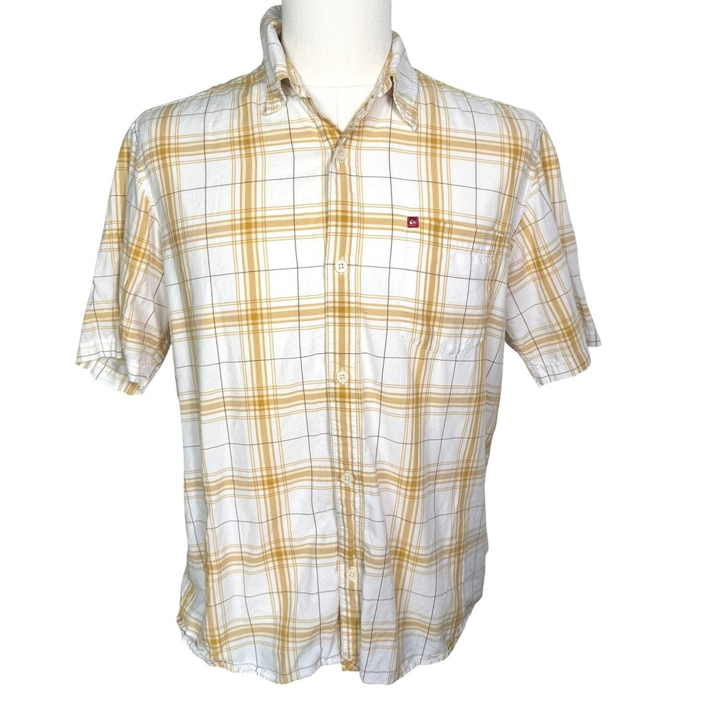 QUIKSILVER Men's Vintage Yellow White Plaid Short Sleeve Button Down Shirt 90s